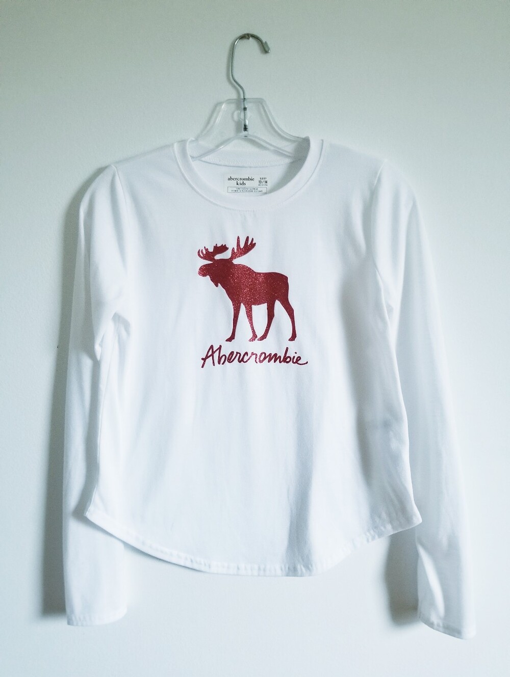 Abercrombie & Fitch White Long-Sleeve Tee with Red Moose Graphic Girls